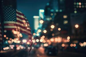 Photo of american flag in front of bokeh effect of cityscape in background.