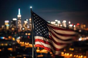 Photo of american flag in front of bokeh effect of cityscape in background.