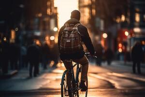 Photo of a person riding a bike in the city crowd under the lights at night in the city, and among the crowds of people. .