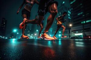 Photo of an athletes jogging in front of bokeh lights at night in the city.