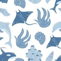 Blue seamless pattern with marine inhabitants. Can be used in textile industry, paper, background, scrapbooking. vector