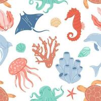 Seamless pattern with sea inhabitants and seaweed. Background with marine elements. Cute texture for kids room design, Wallpaper, textiles, wrapping paper, apparel. vector