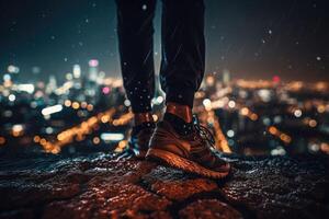 Photo of an athlete jogging in front of bokeh lights at night in the city.