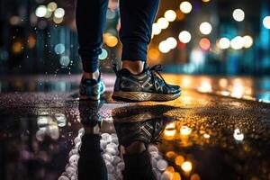 Photo of an athlete jogging in front of bokeh lights at night in the city.