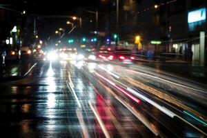Photo of night city lights and traffic speeding by cars. Bokeh effect background.