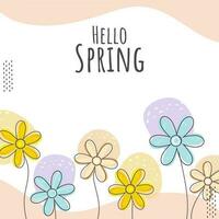 Hello Spring Poster Design With Pastel Flowers On Pink And White Background. vector