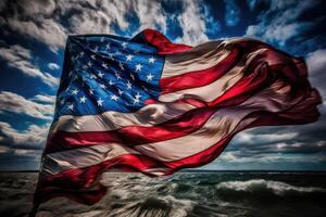 Photo of american flag in front of bokeh effect of cityscape in background.