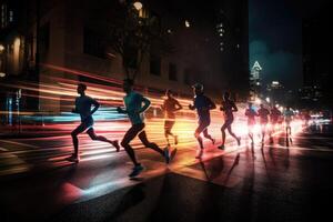 Photo of an athletes jogging in front of bokeh lights at night in the city.