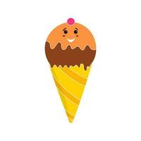 Cheerful Ice Cream Cone Flat Icon In Yellow And Brown. vector