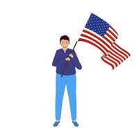 Illustration Of Cheerful Boy Holding American Flag In Flat Style. vector