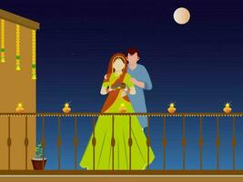 Indian Hindu Festival Karwa Chauth Concept with Young Indian Couple Performing Ritual in the Full Moon Night. vector