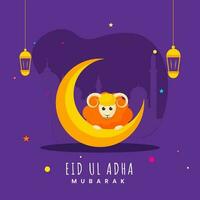 eid-ul-adha Mubarak fuente con creciente luna, dibujos animados oveja, estrellas y linternas colgar en púrpura silueta mezquita antecedentes. vector