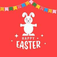 Happy Easter Concept With Cartoon Bunny Standing And Colorful Bunting Flags On Red Background. vector