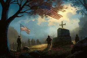 Memorial Day illustration. Design with American flags, soldiers and tombstones with generative ai photo