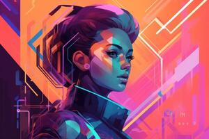 Abstract and retro futuristic robot woman illustration with multiple color laser neon effect. photo