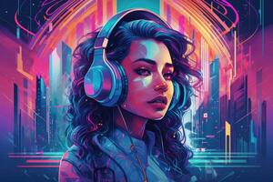 Abstract and retro futuristic robot woman illustration with multiple color laser neon effect. photo
