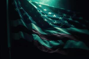 The american flag is flying in the city bokeh effect background. photo