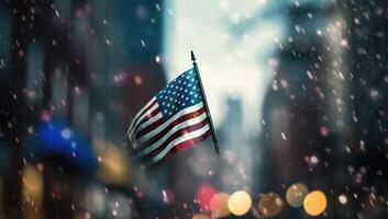 The american flag is flying in the city bokeh effect background. photo