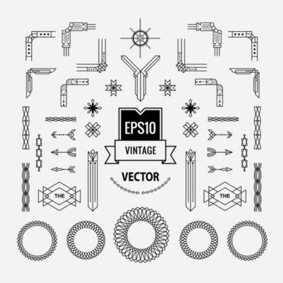 set of vintage linear thin line art deco retro geometric shape design elements with frame corner badge