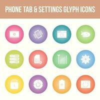 Unique phone tab and settings vector glyph icon set