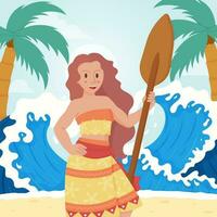 Cute Hawaiian Girl Holding Paddle on the Beach Concept vector