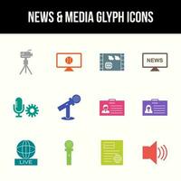 único Noticias y medios de comunicación vector glifo icono conjunto