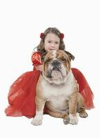 Kid with english bulldog photo