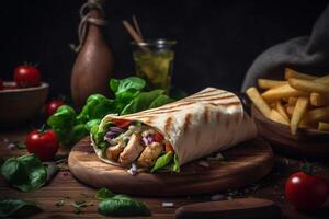 Kebab on the wooden table AI Generate photo