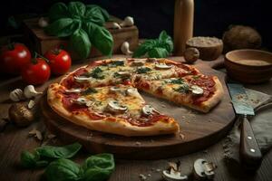 Delicious pizza in wooden board AI Generate photo