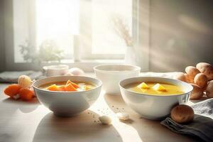 A bowl of Soup on the table AI Generate photo