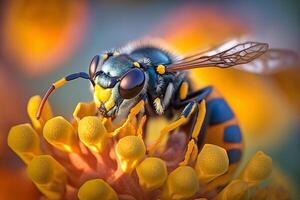 Portrait macro bee on the flower AI Generate photo