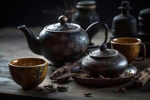 A cup off tea with teapot AI Generate photo