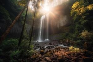 Waterfall in the forest with light exposure AI Generate photo
