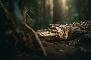 Portrait of crocodile in the river of forest AI Generate photo