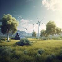 Turbine with solar panel AI Generate photo