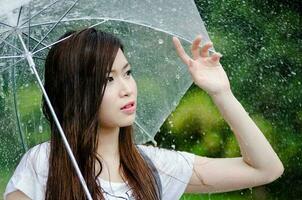 Beautiful girl is standing with umbrella  among a rain 3 photo