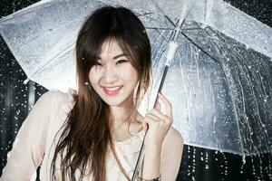 Happy girl holding transparent umbrella among the rain photo