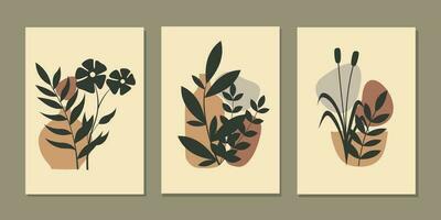 set of simple wall decor templates with beautiful hand drawn floral decorations. abstract foliage background For wallpaper, interior, waiting room, room room, poster, living room vector