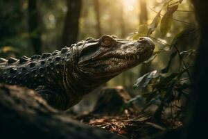 Portrait of crocodile in the river of forest AI Generate photo