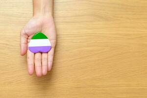 Queer Pride Day and LGBT pride month concept. hand holding purple, white and green heart shape for Lesbian, Gay, Bisexual, Transgender, genderqueer and Pansexual community photo