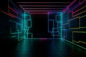A dark room with neon lights and a brick wall, neon wall background photo