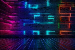 A dark room with neon lights and a brick wall, neon wall background photo