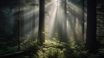 Beautiful Forest of Spruce Trees, Sunbeams through Fog create mystic Atmosphere, generative ai photo