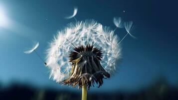 Dandelion With Seeds Blowing Away Blue Sky, generative ai photo