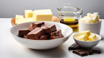 Bowl with butter and ingredients for preparing chocolate brownie on white background, photo