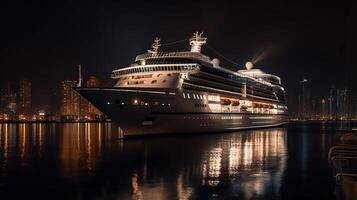 moderno crucero transatlántico en el puerto a noche, generativo ai foto