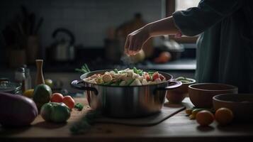 Woman putting vegetables in cooking pot on table in kitchen, generative ai photo