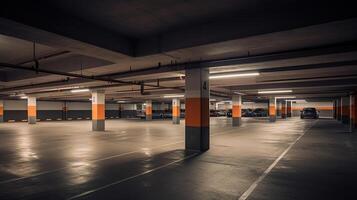 Empty car parking garage with lighting and columns, photo