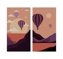 Smartphone wallpapers set. Abstract backgrounds. Smartphone vector mockup. Smartphone wallpapers. Mountain landscapes collection. Graphic silhouettes of hill tops covered with air balloon.