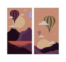 Smartphone wallpapers set. Abstract backgrounds. Smartphone vector mockup. Smartphone wallpapers. Mountain landscapes collection. Graphic silhouettes of hill tops covered with air balloon.